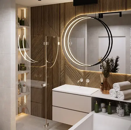 Nowoczesna łazienka z eklektycznymi akcentami, glamour i minimalistycznymi detalami.