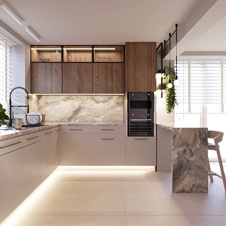 Nowoczesna kuchnia minimalistyczna z drewnem i marmurem.