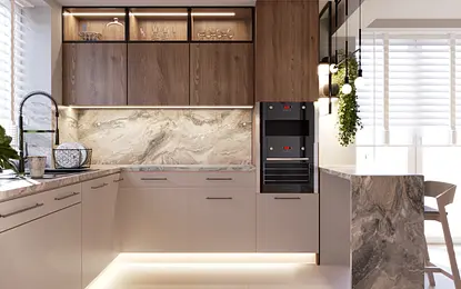 Nowoczesna kuchnia minimalistyczna z drewnem i marmurem.