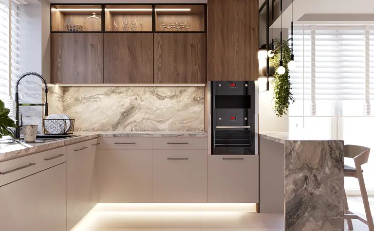 Nowoczesna kuchnia minimalistyczna z drewnem i marmurem.