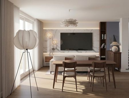 Wnętrze salonu z minimalistycznym oświetleniem i nowoczesnym wystrojem.