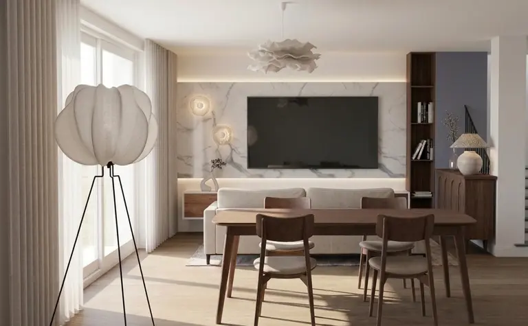 Wnętrze salonu z minimalistycznym oświetleniem i nowoczesnym wystrojem.