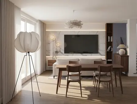 Wnętrze salonu z minimalistycznym oświetleniem i nowoczesnym wystrojem.