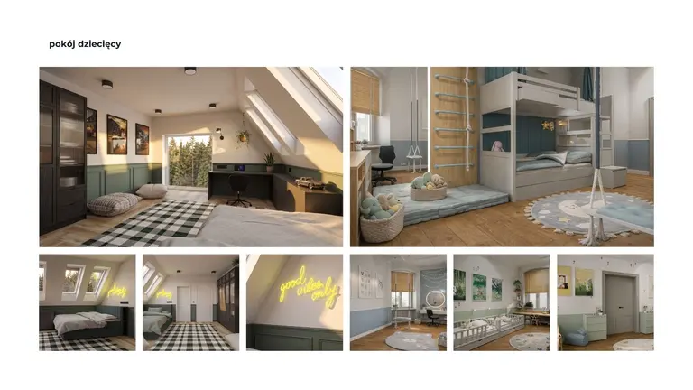 Pokój dziecięcy z łóżkiem piętrowym, biurkiem i dekoracjami w stylu art deco, vintage oraz soft minimalizm.