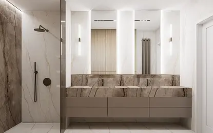 Nowoczesna łazienka z brązowymi meblami i marmurowymi akcentami, styl minimaluxe, quiet luxury, soft minimalizm.