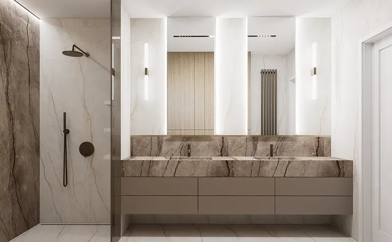 Nowoczesna łazienka z brązowymi meblami i marmurowymi akcentami, styl minimaluxe, quiet luxury, soft minimalizm.