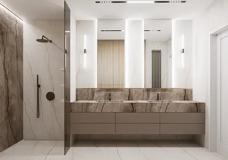 Nowoczesna łazienka z brązowymi meblami i marmurowymi akcentami, styl minimaluxe, quiet luxury, soft minimalizm.