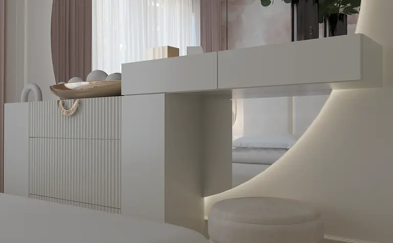 Nowoczesne wnętrze z białą komodą, różowymi kwiatami i eleganckim oświetleniem