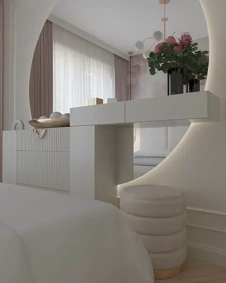 Nowoczesne wnętrze z białą komodą, różowymi kwiatami i eleganckim oświetleniem