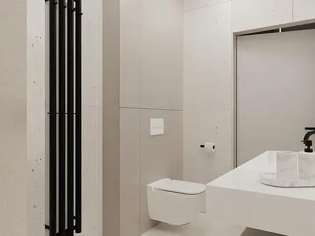 Wnętrze łazienki w stylu japandi, minimalistycznym i nowoczesnym z białymi elementami.