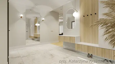 Przedpokój z drewnianymi meblami i lustrem w nowoczesnym stylu.