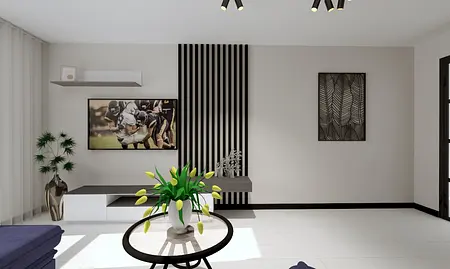 Nowoczesne wnętrze salonu z roślinami, telewizorem i minimalistycznymi meblami.