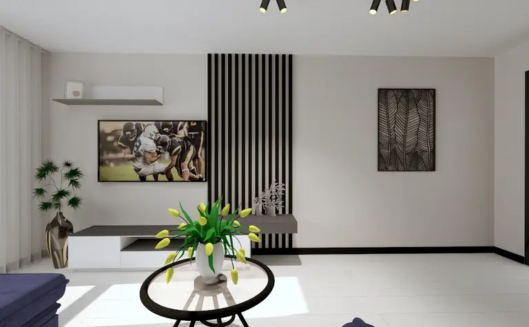 Nowoczesne wnętrze salonu z roślinami, telewizorem i minimalistycznymi meblami.