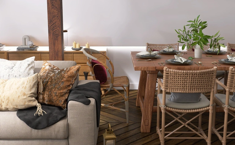 Wnętrze salonu w stylu industrialnym i nowoczesnym z drewnianą podłogą i rośliną.