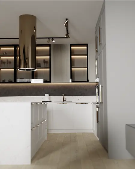 Nowoczesna kuchnia z białymi meblami, marmurowym blatem i oświetleniem LED.