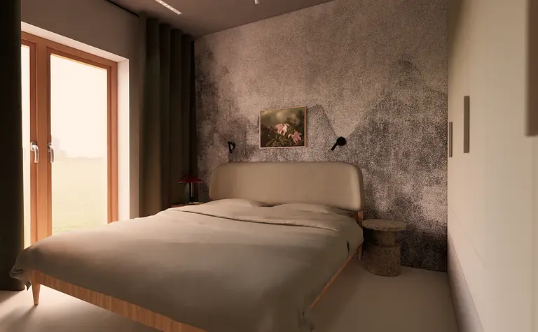 Wnętrze sypialni w stylu japandi i skandynawskim z minimalistycznym łóżkiem i drewnianymi detalami.