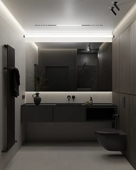 Nowoczesna łazienka w stylu minimalistycznym z czarnymi meblami i szarymi detalami.