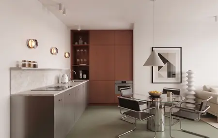 Wnętrze w nowoczesnym stylu, soft minimalizm, współczesny design: brązowe szafki, szklany stół i metalowe krzesła