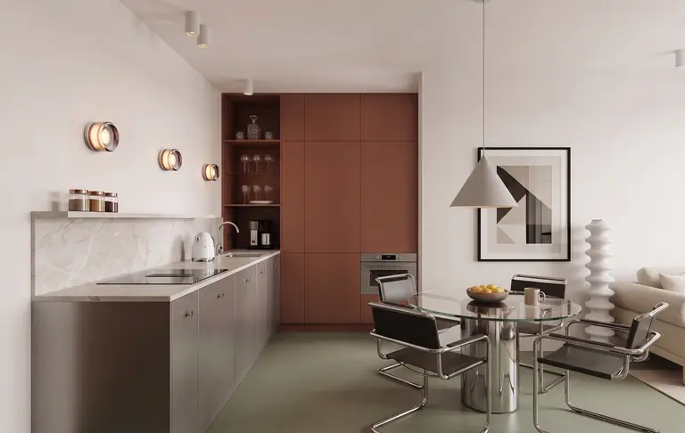 Wnętrze w nowoczesnym stylu, soft minimalizm, współczesny design: brązowe szafki, szklany stół i metalowe krzesła