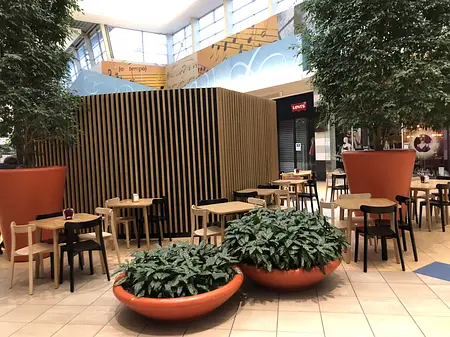 Wnętrze kawiarni z drewnianymi stołami i dużymi roślinami. Styl japandi, minimalistyczny, nowoczesny.