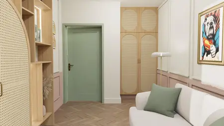 Wnętrze garderoby z drewnianymi półkami i zielonymi drzwiami, styl nowoczesny i vintage.