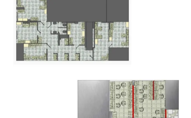 Plan biura na dwóch piętrach z dużą recepcją i salą konferencyjną, minimalistyczny design.