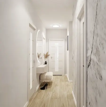 Przedpokój w stylu glamour z nowoczesnymi akcentami i quiet luxury.