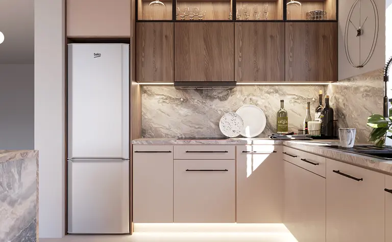 Kuchnia w stylu minimalistycznym, nowoczesnym i tradycyjnym z beżowymi meblami