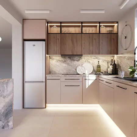 Kuchnia w stylu minimalistycznym, nowoczesnym i tradycyjnym z beżowymi meblami