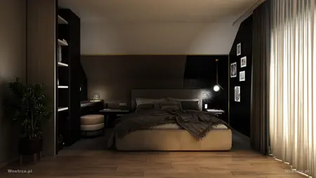 Wnętrze sypialni z szarymi elementami, drewnianą podłogą i roślinnością.