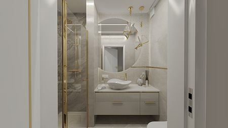 Wnętrze łazienki w stylu art deco z nowoczesnymi akcentami złota.