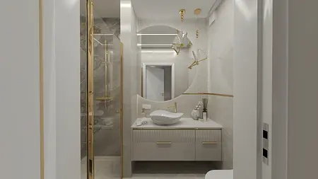Wnętrze łazienki w stylu art deco z nowoczesnymi akcentami złota.