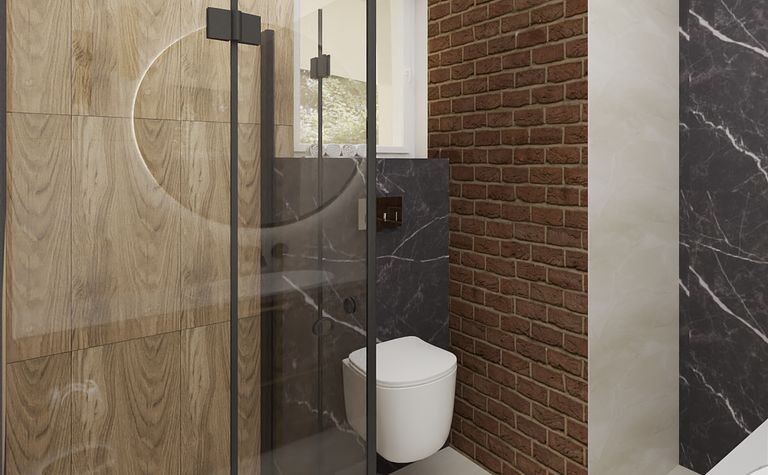 Wnętrze łazienki z drewnianymi i marmurowymi detalami w stylu industrialnym, nowoczesnym, współczesnym.