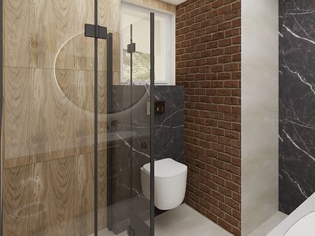 Wnętrze łazienki z drewnianymi i marmurowymi detalami w stylu industrialnym, nowoczesnym, współczesnym.