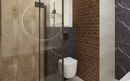 Wnętrze łazienki z drewnianymi i marmurowymi detalami w stylu industrialnym, nowoczesnym, współczesnym.