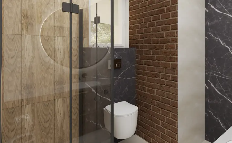 Wnętrze łazienki z drewnianymi i marmurowymi detalami w stylu industrialnym, nowoczesnym, współczesnym.