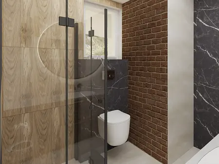 Wnętrze łazienki z drewnianymi i marmurowymi detalami w stylu industrialnym, nowoczesnym, współczesnym.