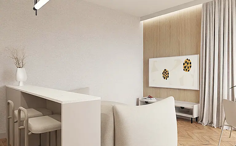 Nowoczesne wnętrze w stylu japandi z minimalistycznymi akcentami, drewnianą podłogą i jasnymi meblami.