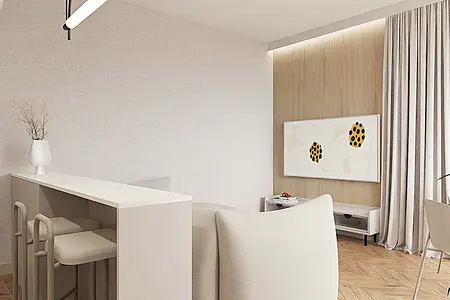 Nowoczesne wnętrze w stylu japandi z minimalistycznymi akcentami, drewnianą podłogą i jasnymi meblami.