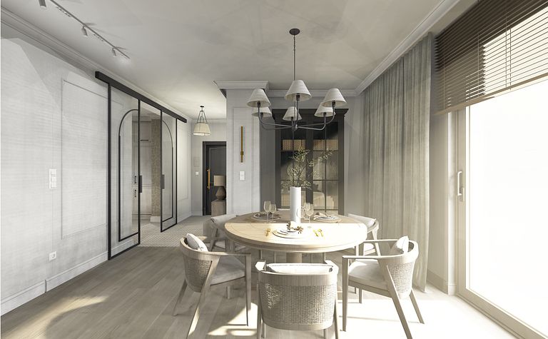 Jadalnia w stylu eklektycznym z okrągłym stołem i szarymi zasłonami