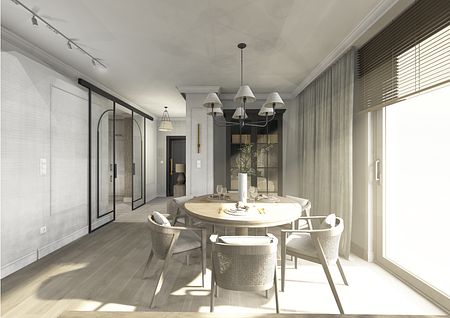 Jadalnia w stylu eklektycznym z okrągłym stołem i szarymi zasłonami