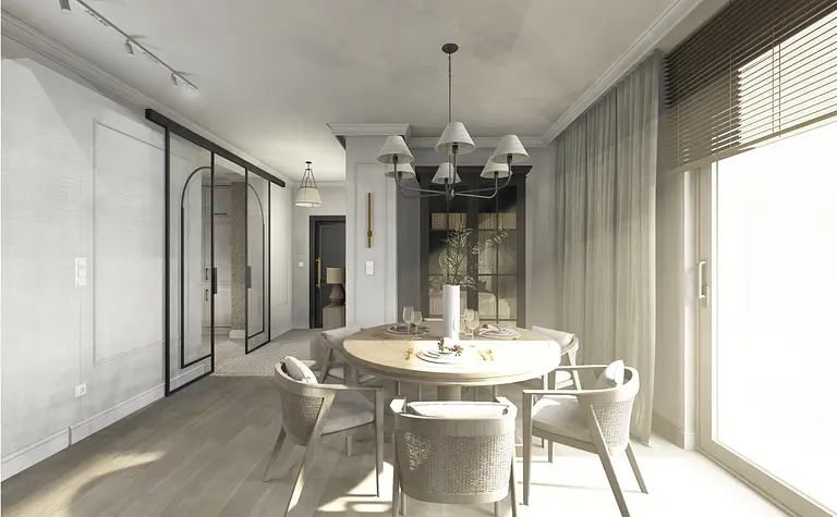 Jadalnia w stylu eklektycznym z okrągłym stołem i szarymi zasłonami