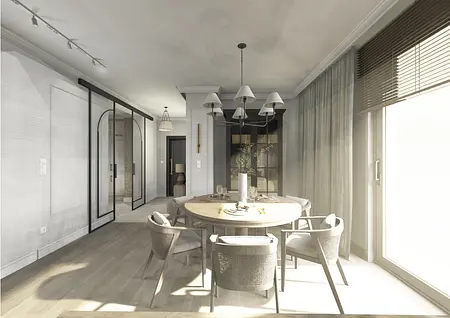 Jadalnia w stylu eklektycznym z okrągłym stołem i szarymi zasłonami