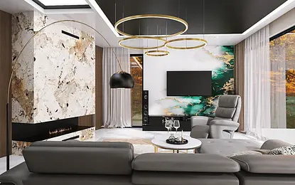 Nowoczesny salon w stylu glamour z zielonymi akcentami i eleganckim wystrojem.