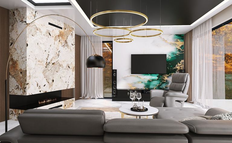 Nowoczesny salon w stylu glamour z zielonymi akcentami i eleganckim wystrojem.