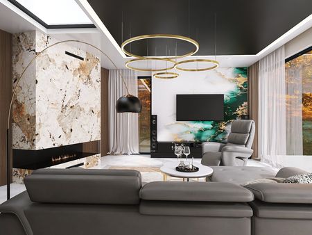 Nowoczesny salon w stylu glamour z zielonymi akcentami i eleganckim wystrojem.