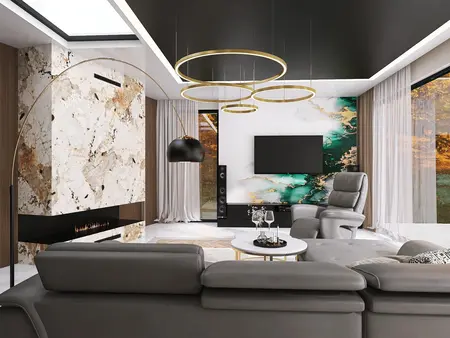 Nowoczesny salon w stylu glamour z zielonymi akcentami i eleganckim wystrojem.