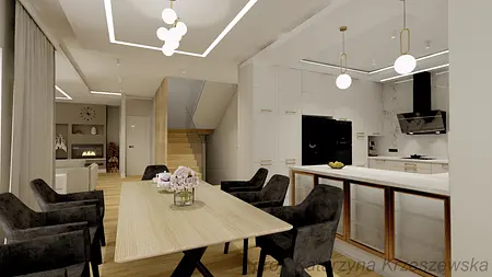 Wnętrze jadalni z drewnianym stołem i czarnymi krzesłami, nowoczesny design.