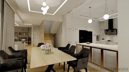 Wnętrze jadalni z drewnianym stołem i czarnymi krzesłami, nowoczesny design.