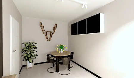 Współczesna jadalnia z okrągłym stołem, czarnymi krzesłami i roślinami.